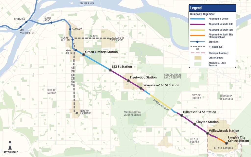 Map of the Greater Vancouver area showing the future Surrey Langley Skytrain network and where the eight new stations will be. 