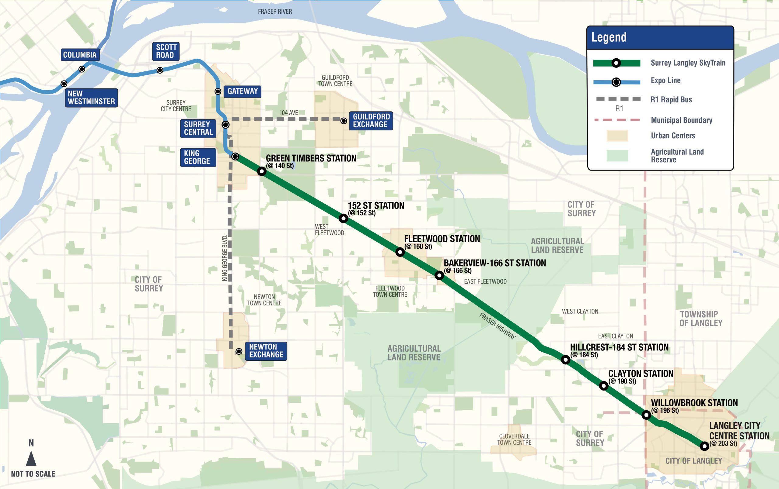 Station map showing where each of the new eight stations will be in Surrey and Langley.