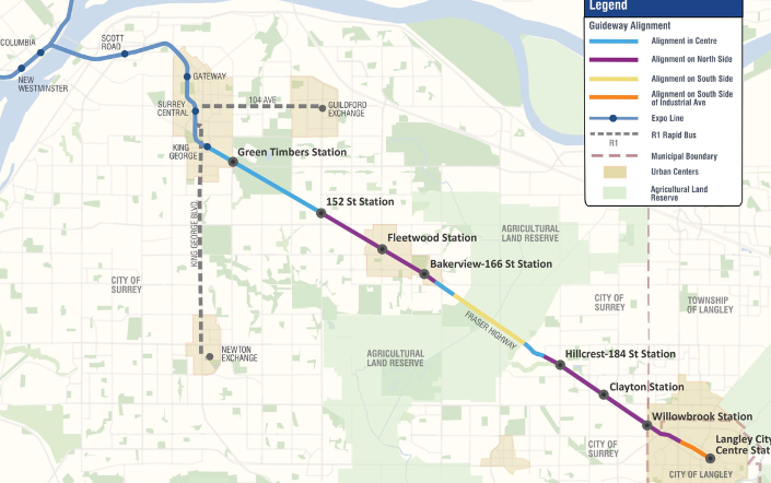 Project overview map showing where the guideway alignment will be between the stations. 