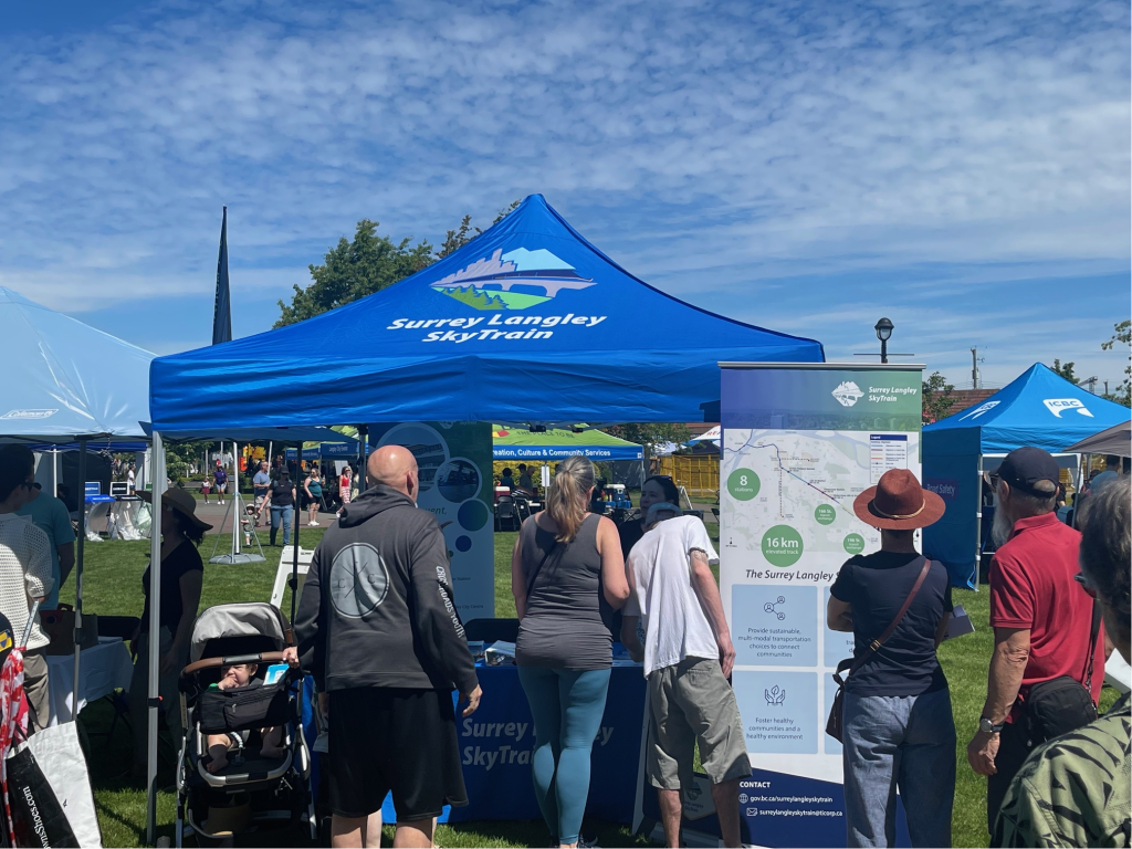 The Surrey Langley Skytrain project team engage with the local community outdoors at Langley Community Day in Langley, BC.