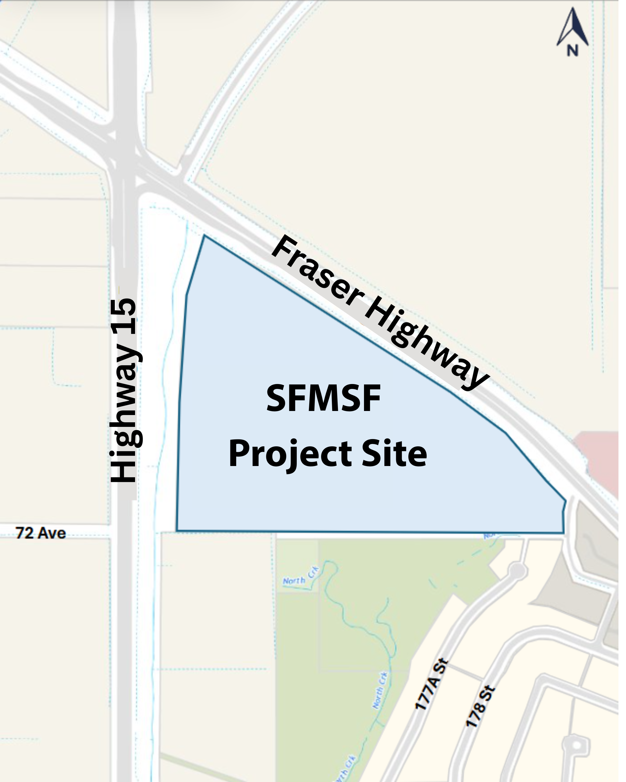 A map of the South of Fraser Maintenance and Storage Facility (SFMSF) project site.